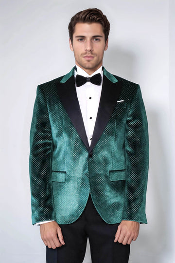 Men’s Emerald Green Sparkling Dotted Dinner Jacket – Slim Fit with Black Satin Peak Lapels