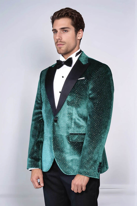 Men’s Emerald Green Sparkling Dotted Dinner Jacket – Slim Fit with Black Satin Peak Lapels