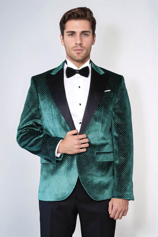 Men’s Emerald Green Sparkling Dotted Dinner Jacket – Slim Fit with Black Satin Peak Lapels