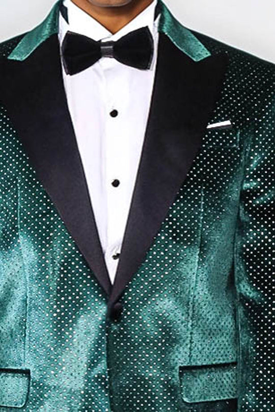Men’s Emerald Green Sparkling Dotted Dinner Jacket – Slim Fit with Black Satin Peak Lapels