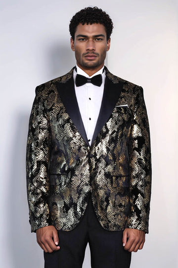 Men’s Obsidian Black & Gold Exotic Patterned Blazer – Slim Fit with Satin Peak Lapels