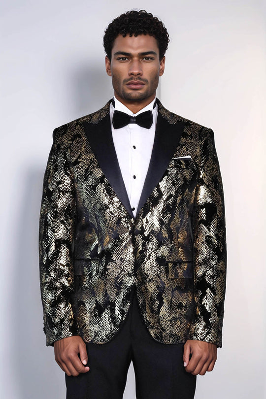 Men’s Obsidian Black & Gold Exotic Patterned Blazer – Slim Fit with Satin Peak Lapels