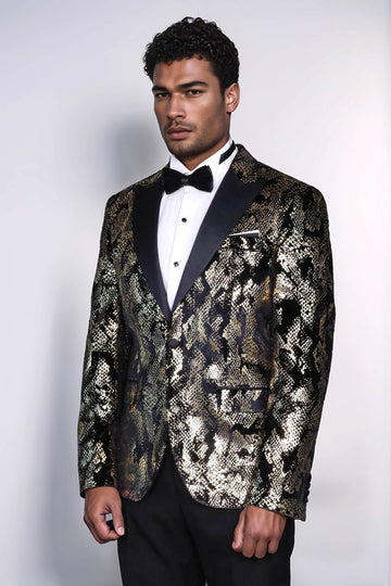 Men’s Obsidian Black & Gold Exotic Patterned Blazer – Slim Fit with Satin Peak Lapels