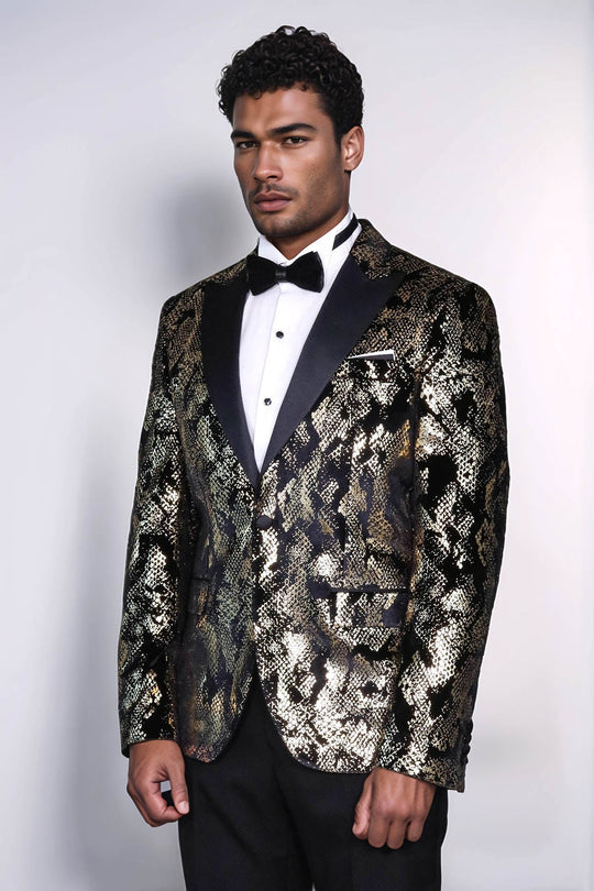 Men’s Obsidian Black & Gold Exotic Patterned Blazer – Slim Fit with Satin Peak Lapels