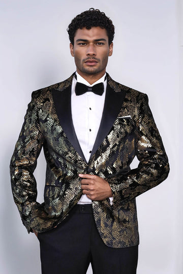 Men’s Obsidian Black & Gold Exotic Patterned Blazer – Slim Fit with Satin Peak Lapels