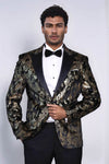 Men’s Obsidian Black & Gold Exotic Patterned Blazer – Slim Fit with Satin Peak Lapels