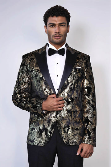 Men’s Obsidian Black & Gold Exotic Patterned Blazer – Slim Fit with Satin Peak Lapels