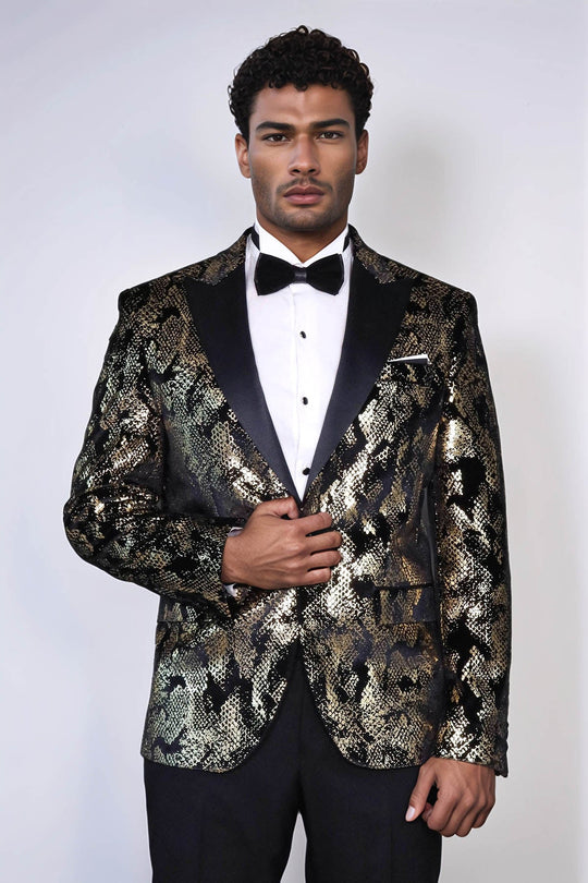 Men’s Obsidian Black & Gold Exotic Patterned Blazer – Slim Fit with Satin Peak Lapels