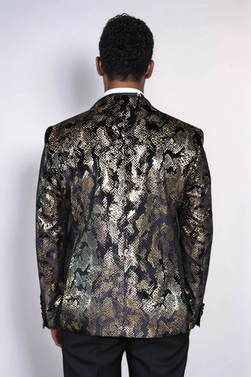 Men’s Obsidian Black & Gold Exotic Patterned Blazer – Slim Fit with Satin Peak Lapels