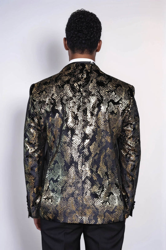 Men’s Obsidian Black & Gold Exotic Patterned Blazer – Slim Fit with Satin Peak Lapels