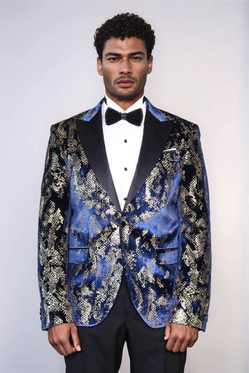 Men’s Midnight Navy & Gold Exotic Patterned Blazer – Slim Fit with Black Satin Peak Lapels