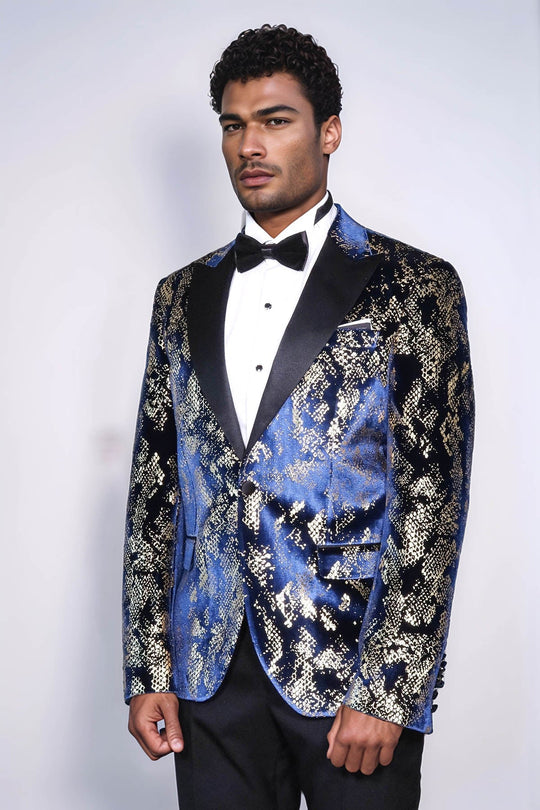 Men’s Midnight Navy & Gold Exotic Patterned Blazer – Slim Fit with Black Satin Peak Lapels