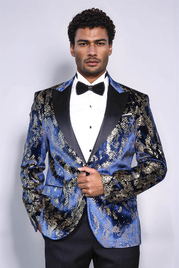 Man wearing a blue patterned tuxedo with a black bow tie on a white background