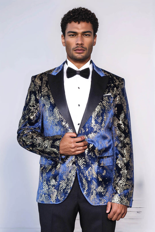 Men’s Midnight Navy & Gold Exotic Patterned Blazer – Slim Fit with Black Satin Peak Lapels