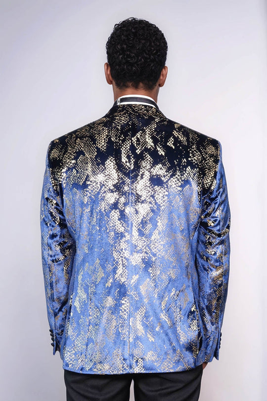 Men’s Midnight Navy & Gold Exotic Patterned Blazer – Slim Fit with Black Satin Peak Lapels