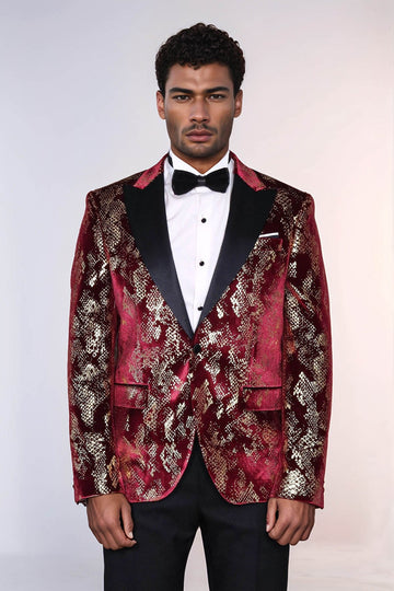 Men’s Claret Burgundy & Gold Exotic Patterned Blazer – Slim Fit with Black Satin Peak Lapels