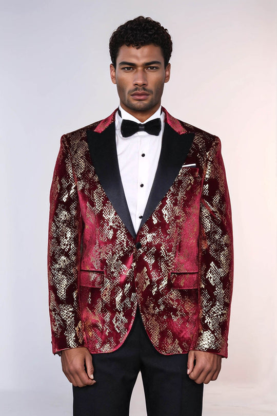 Men’s Claret Burgundy & Gold Exotic Patterned Blazer – Slim Fit with Black Satin Peak Lapels
