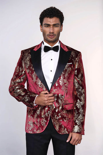 Men’s Claret Burgundy & Gold Exotic Patterned Blazer – Slim Fit with Black Satin Peak Lapels