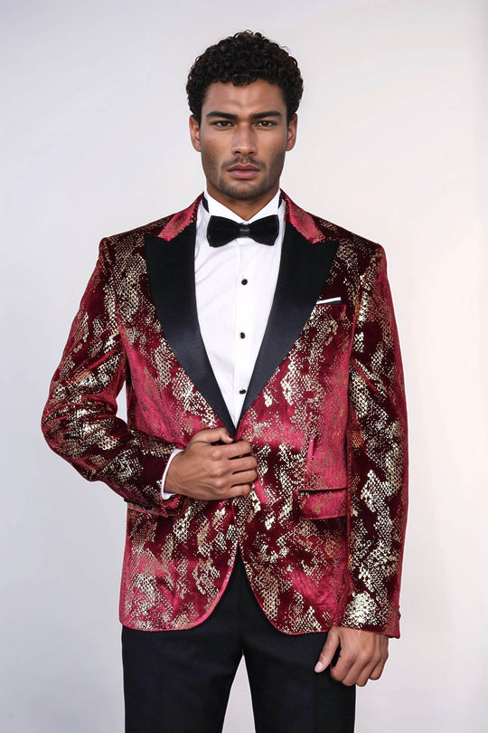 Men’s Claret Burgundy & Gold Exotic Patterned Blazer – Slim Fit with Black Satin Peak Lapels