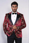 Men’s Claret Burgundy & Gold Exotic Patterned Blazer – Slim Fit with Black Satin Peak Lapels