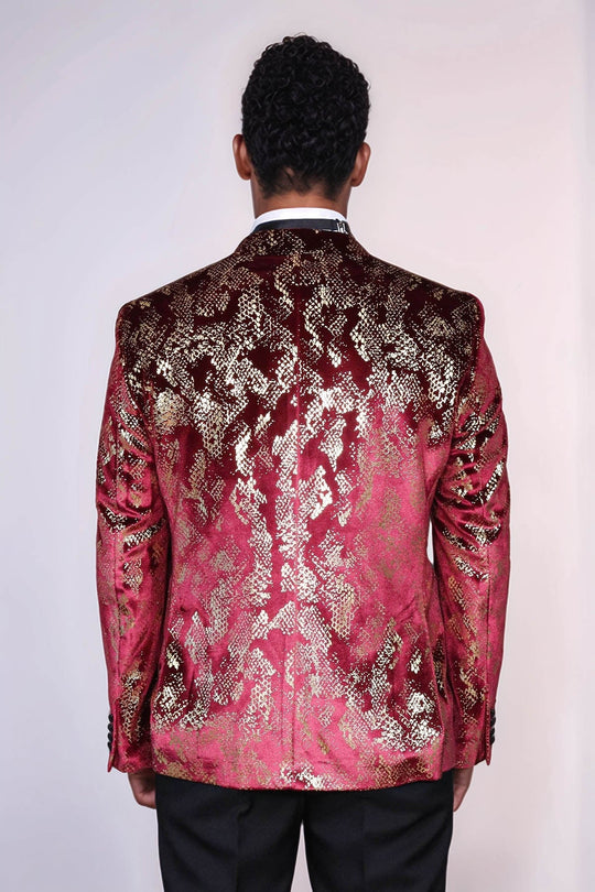Men’s Claret Burgundy & Gold Exotic Patterned Blazer – Slim Fit with Black Satin Peak Lapels