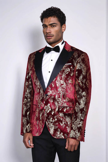 Men’s Claret Burgundy & Gold Exotic Patterned Blazer – Slim Fit with Black Satin Peak Lapels