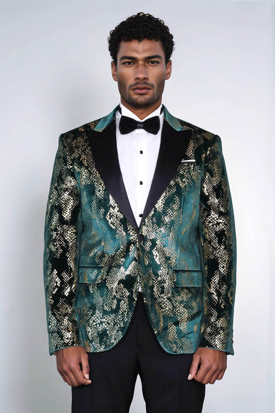 Men’s Emerald Green & Gold Exotic Patterned Blazer – Slim Fit with Black Satin Peak Lapels