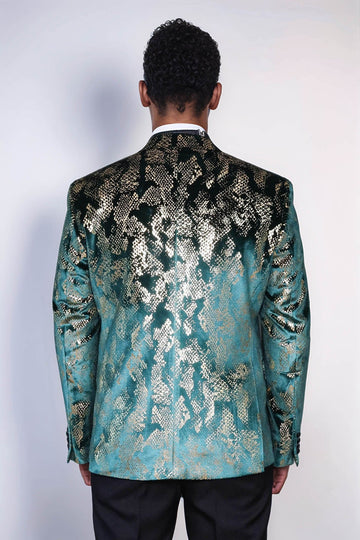 Men’s Emerald Green & Gold Exotic Patterned Blazer – Slim Fit with Black Satin Peak Lapels