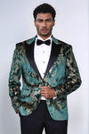Men’s Emerald Green & Gold Exotic Patterned Blazer – Slim Fit with Black Satin Peak Lapels