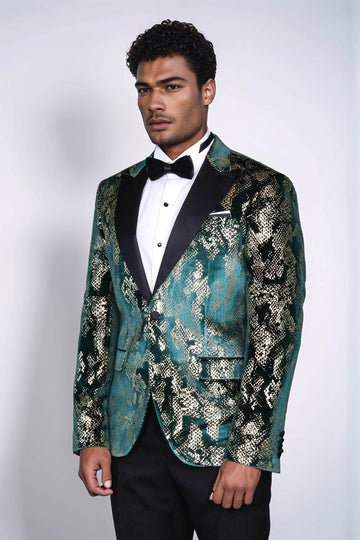 Men’s Emerald Green & Gold Exotic Patterned Blazer – Slim Fit with Black Satin Peak Lapels