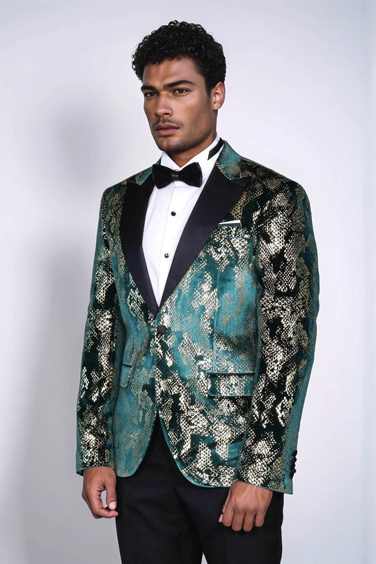 Men’s Emerald Green & Gold Exotic Patterned Blazer – Slim Fit with Black Satin Peak Lapels