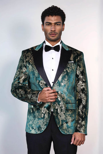 Men’s Emerald Green & Gold Exotic Patterned Blazer – Slim Fit with Black Satin Peak Lapels