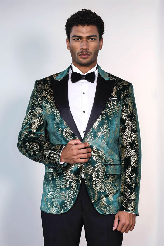 Men’s Emerald Green & Gold Exotic Patterned Blazer – Slim Fit with Black Satin Peak Lapels