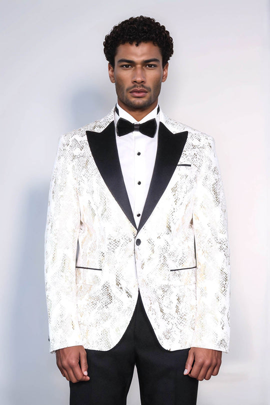 Men’s Pearl White & Gold Exotic Patterned Dinner Jacket – Slim Fit with Black Satin Peak Lapels