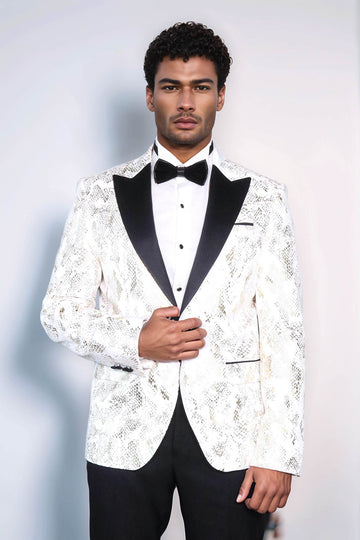 Men’s Pearl White & Gold Exotic Patterned Dinner Jacket – Slim Fit with Black Satin Peak Lapels