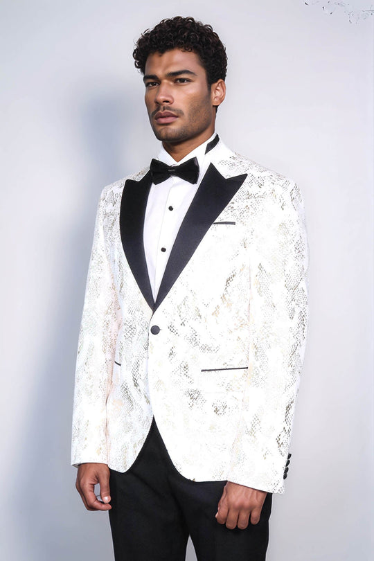 Men’s Pearl White & Gold Exotic Patterned Dinner Jacket – Slim Fit with Black Satin Peak Lapels