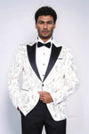 Men’s Pearl White & Gold Exotic Patterned Dinner Jacket – Slim Fit with Black Satin Peak Lapels