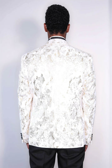 Men’s Pearl White & Gold Exotic Patterned Dinner Jacket – Slim Fit with Black Satin Peak Lapels