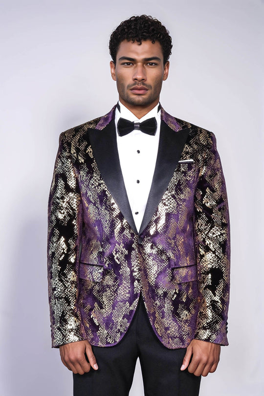 Men’s Imperial Purple & Gold Exotic Patterned Dinner Jacket – Slim Fit with Satin Peak Lapels