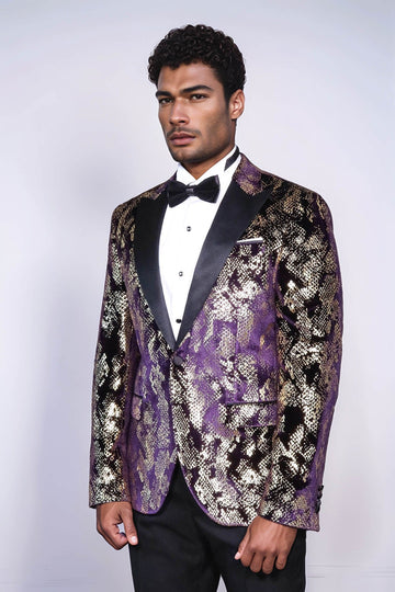 Men’s Imperial Purple & Gold Exotic Patterned Dinner Jacket – Slim Fit with Satin Peak Lapels