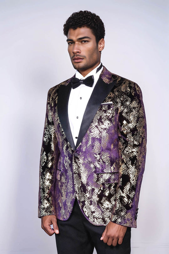 Men’s Imperial Purple & Gold Exotic Patterned Dinner Jacket – Slim Fit with Satin Peak Lapels