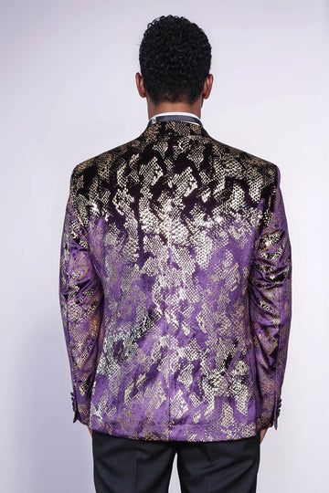 Men’s Imperial Purple & Gold Exotic Patterned Dinner Jacket – Slim Fit with Satin Peak Lapels
