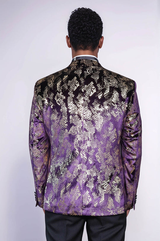 Men’s Imperial Purple & Gold Exotic Patterned Dinner Jacket – Slim Fit with Satin Peak Lapels