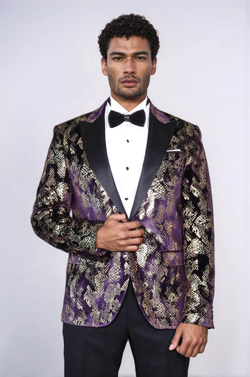 Men’s Imperial Purple & Gold Exotic Patterned Dinner Jacket – Slim Fit with Satin Peak Lapels