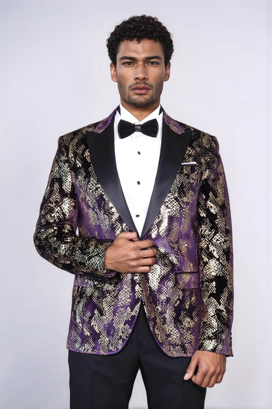 Men’s Imperial Purple & Gold Exotic Patterned Dinner Jacket – Slim Fit with Satin Peak Lapels