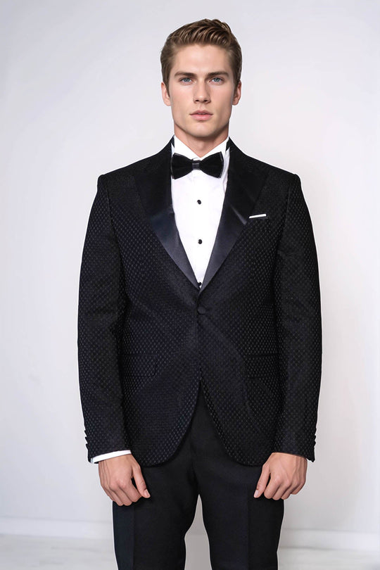 Men’s Royal Black Textured Dinner Jacket – Slim Fit with Satin Peak Lapels