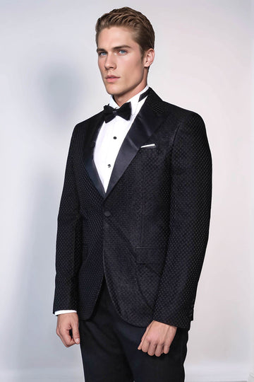 Men’s Royal Black Textured Dinner Jacket – Slim Fit with Satin Peak Lapels