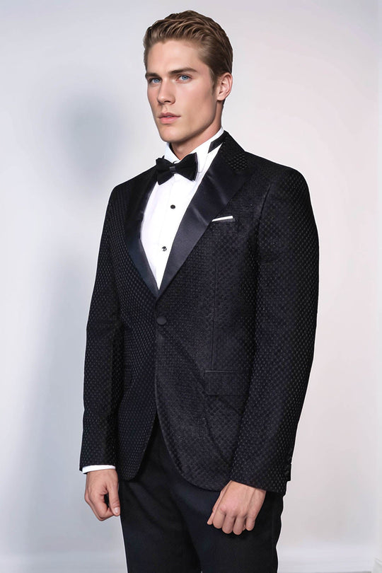 Men’s Royal Black Textured Dinner Jacket – Slim Fit with Satin Peak Lapels