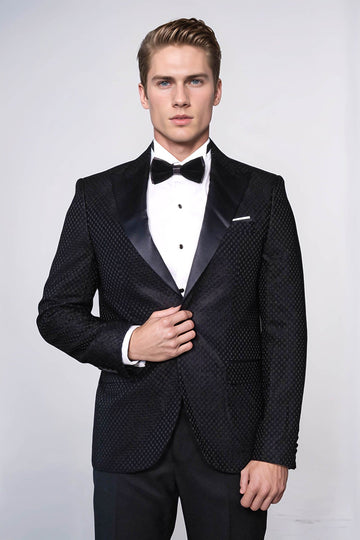 Men’s Royal Black Textured Dinner Jacket – Slim Fit with Satin Peak Lapels