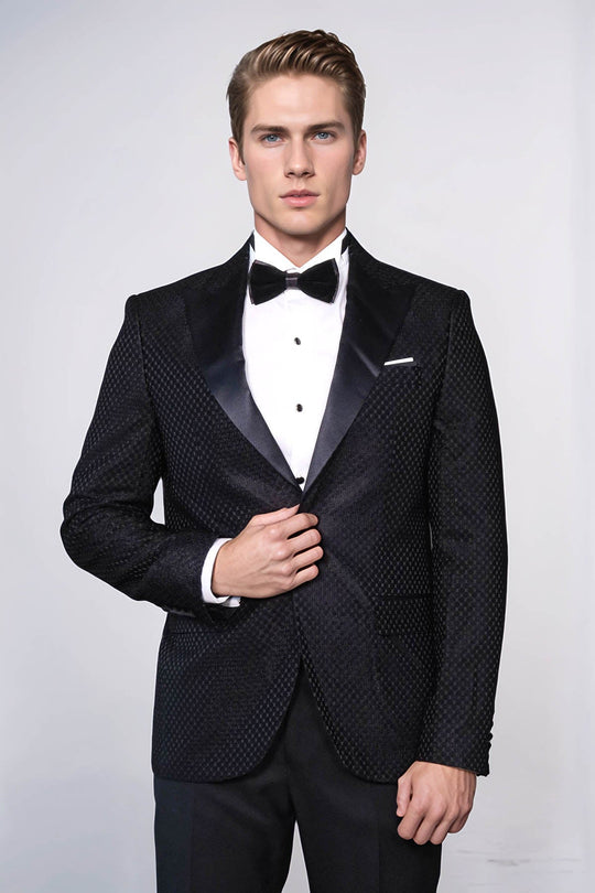 Men’s Royal Black Textured Dinner Jacket – Slim Fit with Satin Peak Lapels